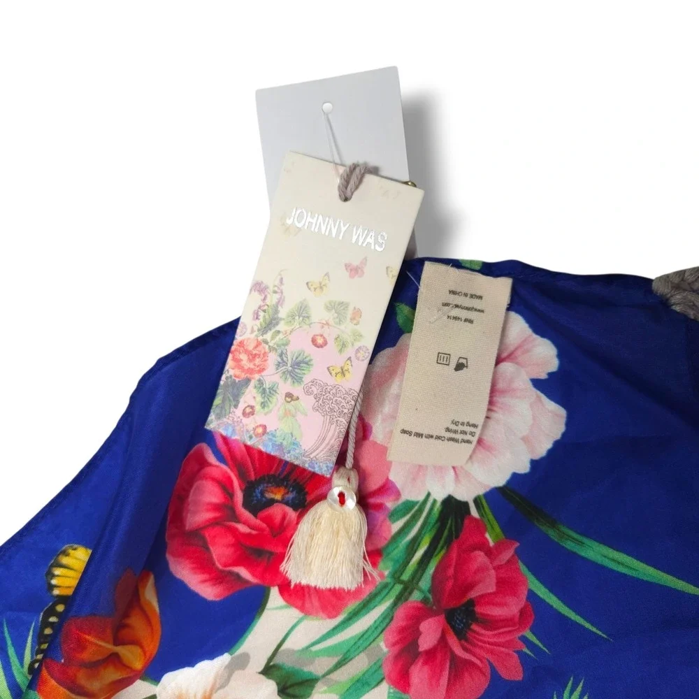 Johnny Was Silk Tassel Scarf Floral Butterfly Leopard Cobalt Blue 42x42 NWT OS